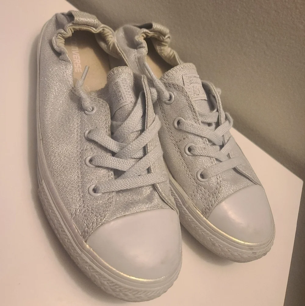 Converse All Star Kids Silver Metallic Canvas Slip On Sneakers